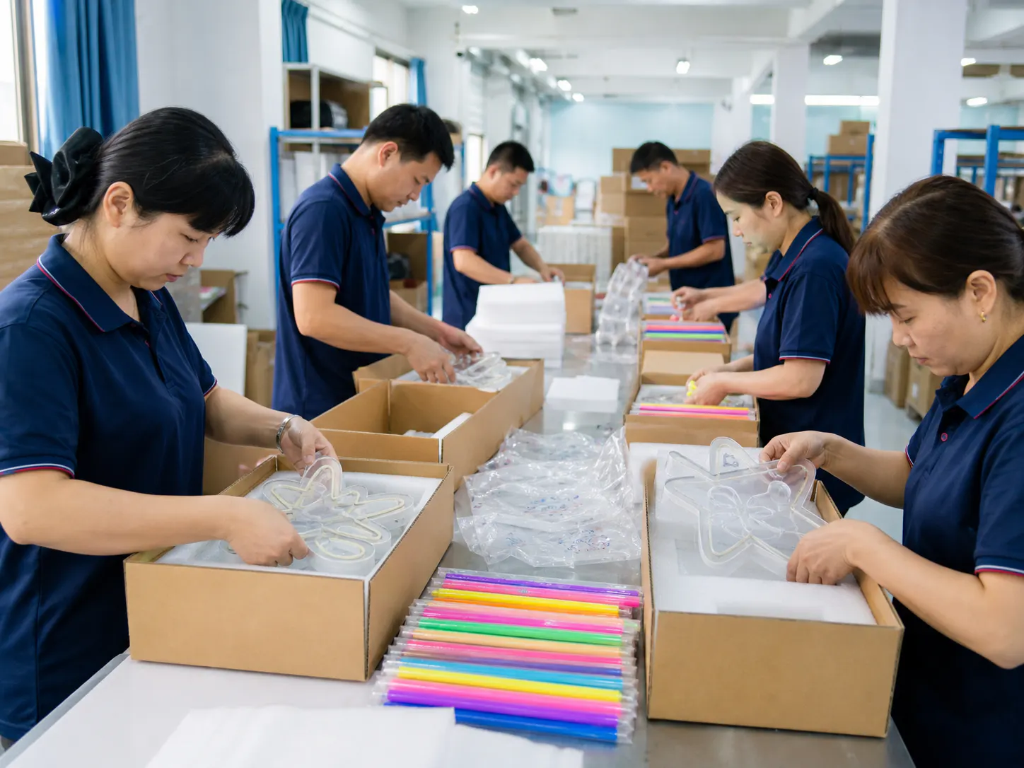 Chinese workers packing LED fluorescent boards for export