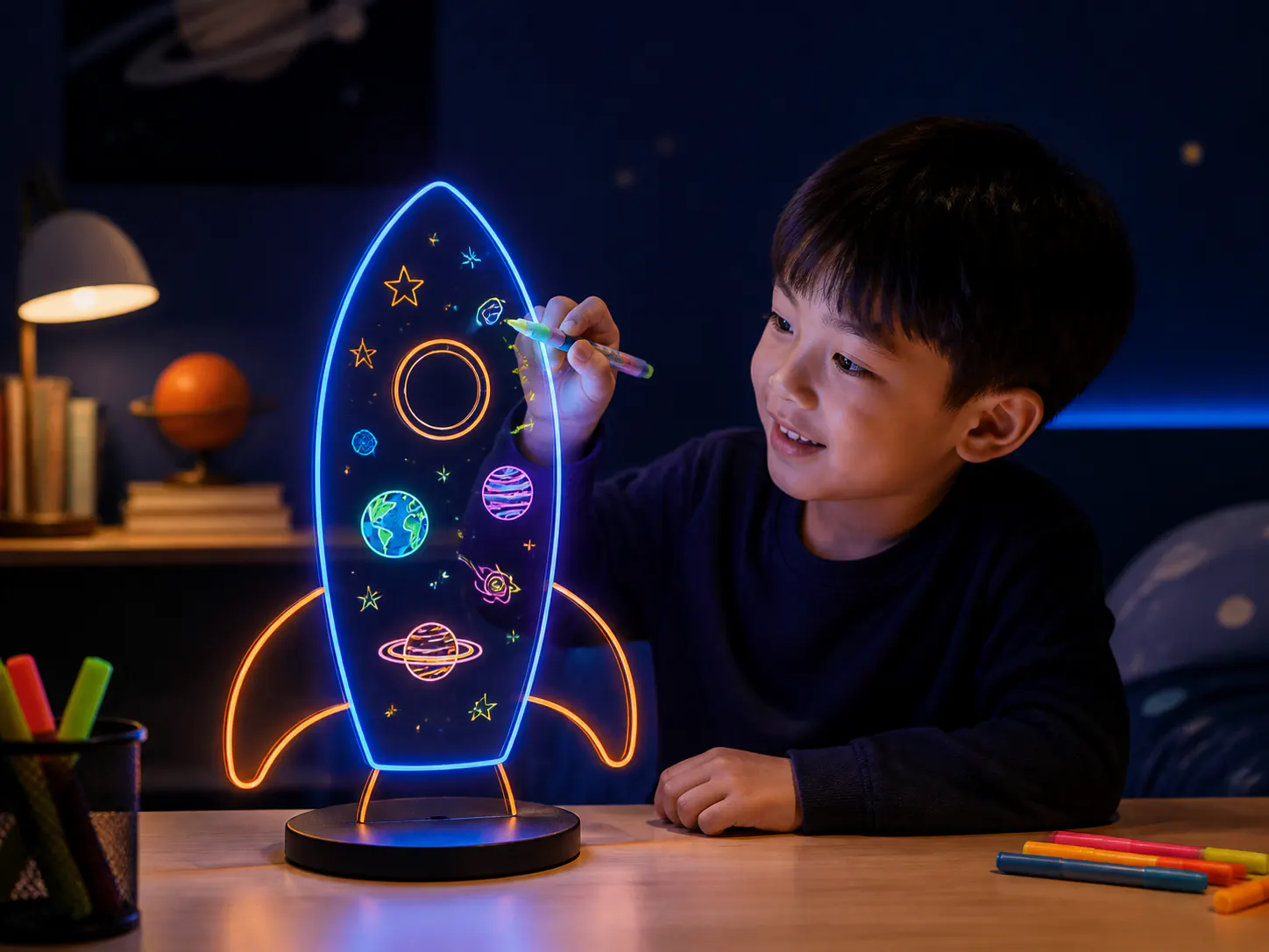 Child drawing on a rocket-shaped LED fluorescent board